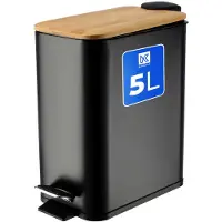 Kadax Poubelle en acier laqué époxy "Atran", Poubelle, Poubelle avec couvercle en bambou, noir, 5L