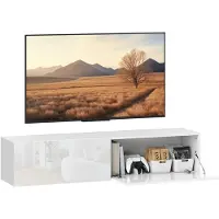 HOMCOM Meuble TV suspendu meuble TV mural pour téléviseur jusqu'à 45 55 65 pouces avec 2 portes, banc TV mural pour salon chambre à coucher, 140 x 33 x 29,8 cm, blanc