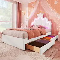 Sweiko Lit rembourré, 90 x 200 cm,lumière d'ambiance, lit avec 2 tiroirs, lit de princesse en forme de couronne, tête de lit réglable, PU, blanc