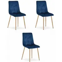 Leobert Chaise Valora LIBRA, bleu marine, velours, pieds en bois, lot de 3 | Trio de chaises bleu marine au style classique