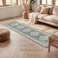FRAAI Tapis de couloir vintage - Spring Medallion Vert/Crème | 80x250 cm | Tapis de couloir | Pile courte