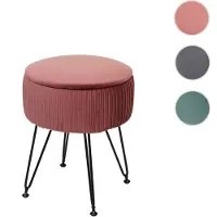 Mendler Pouf HWC-K47, tabouret avec compartiment de rangement, Ø 33cm, aspect velours rose, piètement noir