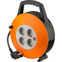 Goobay 71354 Enrouleur de câble 15 m orange-noir avec 4 prises de courant à contact de protection et protection contre les surcharges