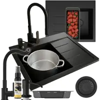 Granitan | GranitEvier - Evier à 1 compartiment - 60x50 cm - Evier à poser - Noir - avec robinet de cuisine 360° - avec égouttoir - AMBER