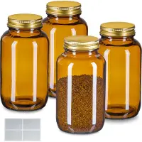 Relaxdays Bocaux en verre brun, lot de 4, 400 ml, avec couvercle et étiquettes, bocaux pour herbes médicinales, épices, boîtes de conservation, brun/doré