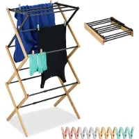 Relaxdays Séchoir à linge , pliable, extensible, 11 barres, H x l x P : 105 x 43–75 x 37 cm, bambou, métal, noir/naturel
