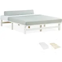 Homestyle4u Cadre de lit 140x200 cm avec Matelas Lit en bois massif Lit double Blanc Lit palette Lit d'enfant Sommier à lattes