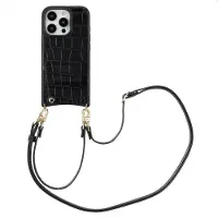 Selencia Coque de télephone Nova Croco avec cordon et porte-cartes pour Apple iPhone 16 Pro - Noir