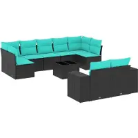 vidaXL Ensemble de 10 canapés de jardin avec coussins, polyrattan noir