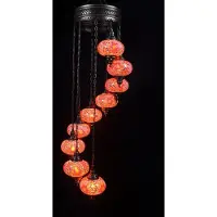 Halay Suspension mosaïque à 9 globes en verre rouge-orange – Lampe suspendue turque, lustre oriental avec 9 boules en verre