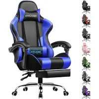 GTPLAYER chaise de jeu, chaise de bureau ergonomique avec fonction de massage et repose-pieds, lien avec poignée, base en acier, bleu