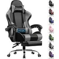 GTPLAYER gaming chair, chaise de bureau ergonomique avec fonction de massage et repose-pieds, châssis avec poignées, base en acier, gris