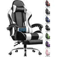 GTPLAYER Herná stolička , ergonomická kancelárska stolička s masážnou funkciou a opierkou na nohy, prepojenie s madlom, oceľová základňa, biela