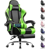 GTPLAYER chaise de jeu, chaise de bureau ergonomique avec fonction de massage et repose-pieds, lien avec poignée, base en acier, vert