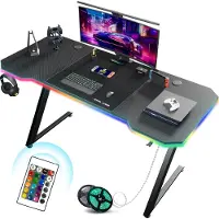 GTPLAYER Table de jeu 120 x 60cm avec tapis de souris, LED, bureau de jeu, table de PC gamer table d'ordinateur avec crochet pour écouteurs noir
