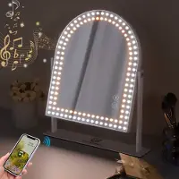 Vanitii Miroir de maquillage bombé 25cm x 30 cm avec lecteur Bluetooth Rotation 360° Miroir lumière 3 couleurs de lumière Blanc