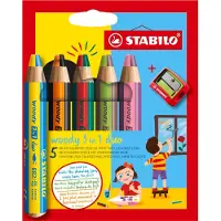 Stabilo Woody 3-En-1 Duo Etui carton de 5 crayons de couleur multi-talents bicolore + 1 taille-crayon