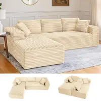 COMHOMA COMHOMASofa Big-Sofa, Canapé en L, Canapé d'angle, Chaiselongue Canapé-lit avec assise profonde et larges accoudoirs, tissu velours côtelé, beige-R