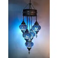 Halay Suspension turque à 5 lumières en verre mosaïque bleu – plafonnier oriental au design unique