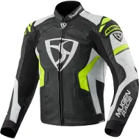 MUGENRACE Marcus Veste en Cuir Noir Blanc Jaune Fluo Taille 52