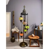 Halay Lampadaire turc avec 5 boules en verre mosaïque faites à la main – Lampe colorée pour salon – Hauteur : 120 cm