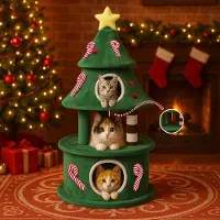 COMHOMA Arbre à chat 144 cm de haut en design de sapin de Noël, arbre à chat à plusieurs étages avec maison pour chats, plates-formes & balles de jeu, arbre à grimper stable pour K