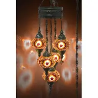 Halay Suspension turque à 5 globes avec couronne orientale en verre mosaïque multicolore, fabriquée à la main