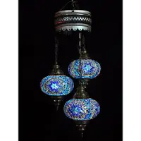 Halay Suspension turque en mosaïque à 3 boules en verre bleu – lustres orientaux à 3 boules
