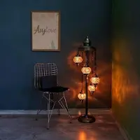 Halay Lampadaire turc fait main avec 5 boules en verre – lampe de sol orientale au design mosaïque – marron