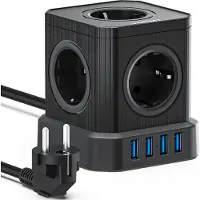 Voomy 9-in-1 Prise cube avec USB - 5 prises & 4 USB - multiprise avec 2M de câble et interrupteur - multiprise avec protection contre les surtensions - 2500W Powercube - Noir