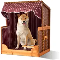 Relaxdays Fauteuil de plage pour chien , en rotin, avec gamelle, fauteuil pour chien avec auvent, dimensions : 95 x 75 x 65 cm, jardin et terrasse, bois, rouge foncé