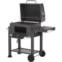 Beliani Gril à charbon de bois gris en acier inoxydable rectangulaire avec ventilation active couvercle poignée thermomètre grille chauffante étagère cendrier roulettes jardin extérieur