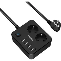 Voomy Prise multiple 6 en 1 avec USB - 2-fois & 4 USB-A - Prise multiple compacte avec interrupteur - câble de 2M - 4000W - Prise de distribution avec protection contre les surtensions - Noir