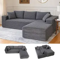 COMHOMA Sofa Big-Sofa, Canapé en L, Canapé d'angle, Chaiselongue Canapé-lit avec assise profonde et larges accoudoirs, tissu velours côtelé gris