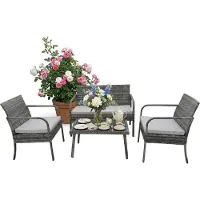 Relaxdays Ensemble de mobilier de jardin , ensemble de salon en rotin 4 pièces, pour 4 personnes, banc, 2 chaises et table, mobilier de détente, d'extérieur, gris