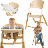 Lionelo Chaise haute évolutive en bois Celia, de 6 mois à 110 kg, réglable, harnais 5 points, coussin d'assise confortable, facile d'entretien - Naturel