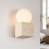LumenXL Applique murale Marno carrée en travertin (pierre naturelle) et verre blanc laiteux