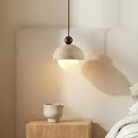LumenXL Suspension Vara en travertin (pierre naturelle), bois et verre blanc laiteux