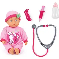 Bayer 93378AA Poupée docteur, avec sons de bébé, parlant, biberon, set de jeu avec docteur, jeu de rôle, 33 cm, rose avec motif de souris
