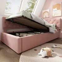 OKWISH Lit Coffre 90x200 cm - Lit Simple avec Sommier à Lattes, Lit avec Rangement et Revêtement en Velours, Lit Ado, Sans Matelas - Rose