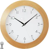AMS 5836 Horloge murale radio analogique ronde simple bois hêtre plaqué