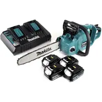 Makita DUC 353 PT4 Tronçonneuse à chaîne sans fil 36V ( 2x18V ) Brushless 35 cm + 4x 5,0 Ah batterie + chargeur double