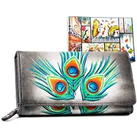 Rovicky | Porte-monnaie spacieux pour femme, en cuir, avec motif de plumes de paon, multicolore, 15.5x10 cm