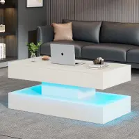 MODFU Table Basse LED et Rangement Caché - Table de Salon Moderne avec Système Hydraulique, Blanc, 100×50×42 cm