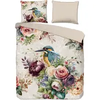 Descanso Housse de couette "fleurs et oiseaux" - Sand - (200x200/220 cm) - Satin de coton