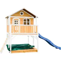 Axi Marc Maison Enfant Avec Bac À Sable & Toboggan Bleu | Aire De Jeux Pour L'Extérieur En Marron & Blanc | Maisonnette / Cabane De Jeu En Bois