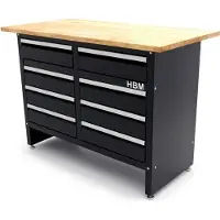 HBM établi 120 cm avec 8 tiroirs, plan de travail en bois massif, noir
