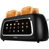 Olvy Grille-pain 4 tranches, fentes longues, écran numérique avec minuterie, 6 niveaux de brunissage, fentes larges, fonction décongélation et réchauffage, 1500 W, noir