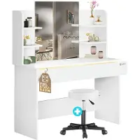 Casaria Coiffeuse Lucia Blanc 140x110x40cm avec tabouret à roulettes
