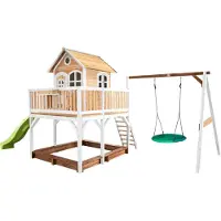 Axi Liam Maison Enfant Avec Bac À Sable, Balançoire Nid D’Oiseau Vert & Toboggan Vert Clair | Aire De Jeux Pour L'Extérieur En Marron & Blanc |